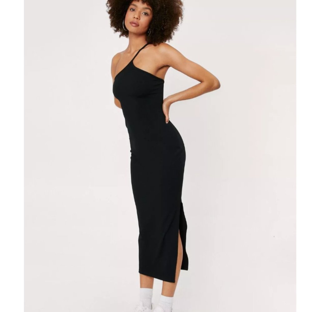 Nasty Gal Ribbed Asymmetric Split Hem Midi Dress